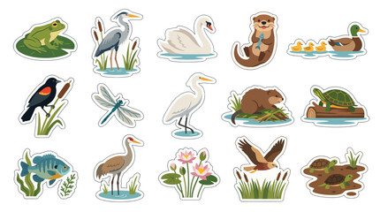 Obraz premium Cute Wetland Animals Stickers: Frog, Birds, Otter, Ducks, Fish, Turtles - Flat Vector Art