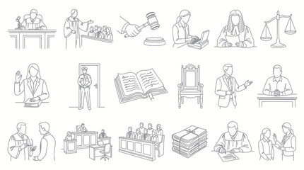 Fototapeta premium Black and White Line Art: Legal Courtroom Scene Icons