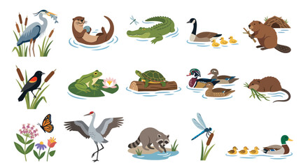 Obraz premium Cartoon Flat Vector Illustration of Diverse Wetland Wildlife Collection: Animals, Birds, Insects, and Aquatic Plants