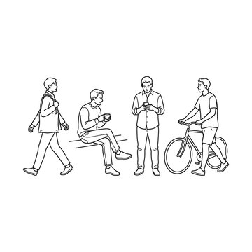 Men engaged in diverse daily activities with a bicycle and mobile devices