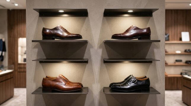 Luxury leather shoes displayed on illuminated shelves in a store