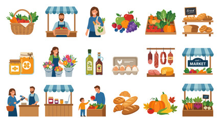 Fototapeta premium Flat Vector Icons of Diverse Market Stalls and Produce, Ideal for Food Commerce