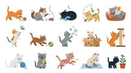 Obraz premium Cute Cartoon Cats and Kittens Playing and Relaxing - Flat Vector Pet Animals Illustration Set