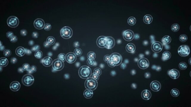 Abstract digital particles, glowing with blue light, swirl and pulse in a dark, futuristic, science-fiction atmosphere, representing data or energy transmission.