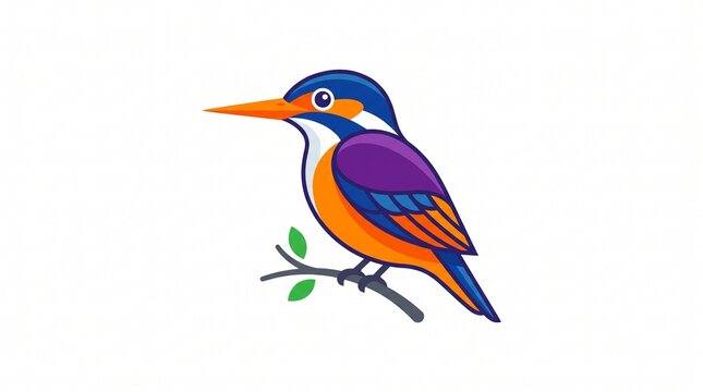 Vivid kingfisher bird perched on branch with bright plumage and orange beak in vector illustration