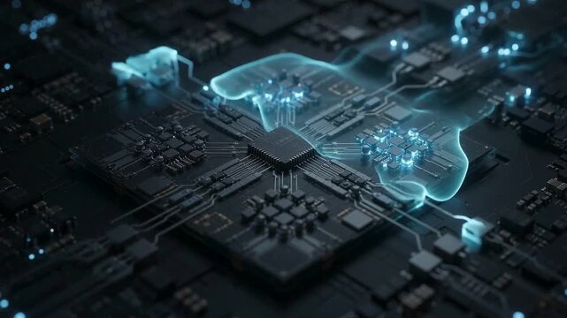 Futuristic abstract macro shot of a central computer processor chip with glowing neon blue circuits and data streams flowing, symbolizing artificial intelligence and advanced technology.