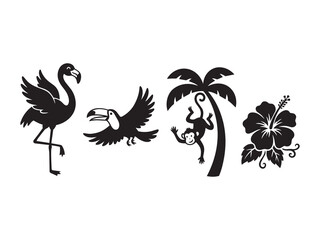 Naklejka premium Black tropical jungle animal and flora vector elements isolated on white background for summer art.