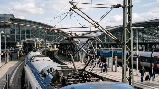 Modern Train Station with Electric Overhead Wires and Passengers on Platform