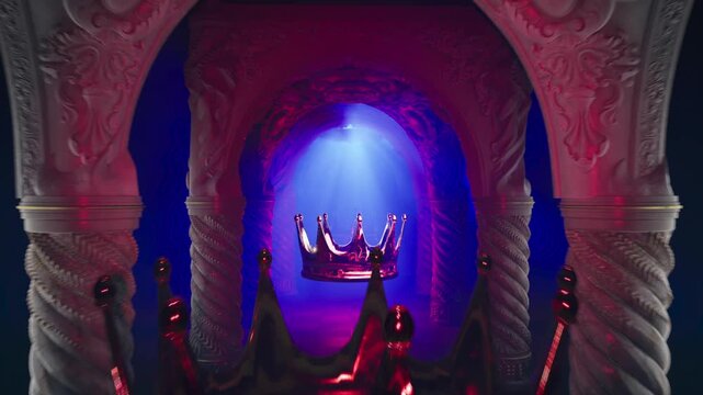 3D Animation of Enchanted Golden Crown Levitating in Dark Sanctuary with Cyberpunk Lighting