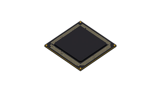 Processor chip rests horizontally on a clean surface inside a modern electronic hardware component showcase displaying advanced computational technology.