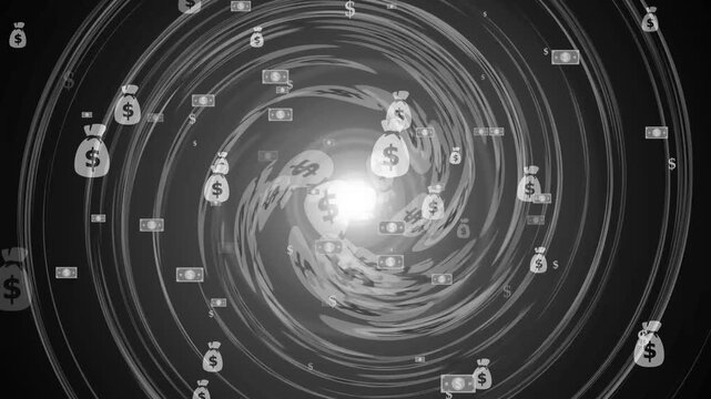 Abstract money vortex with dollar signs cash icons and glowing center background animation
