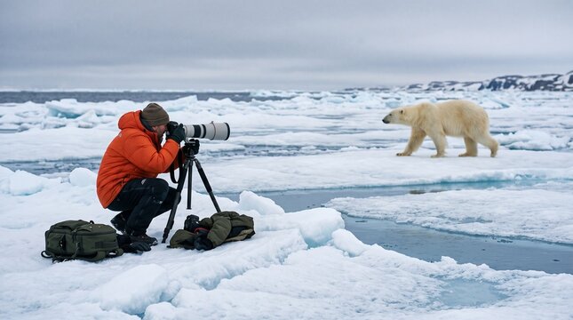 Wildlife photographer captures polar bear walking on Arctic ice floes with telephoto lens