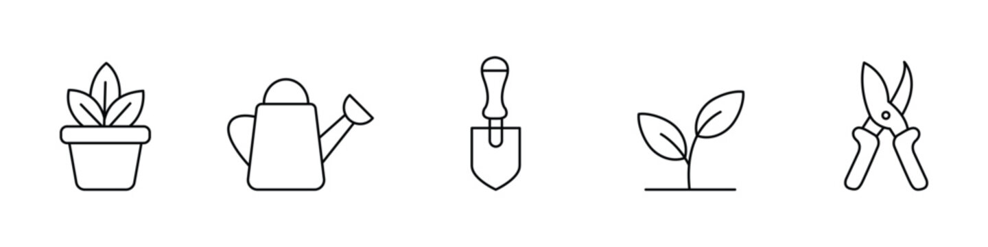 Set of gardening icons including potted plant, watering can, shovel, seedling, and pruning shears
