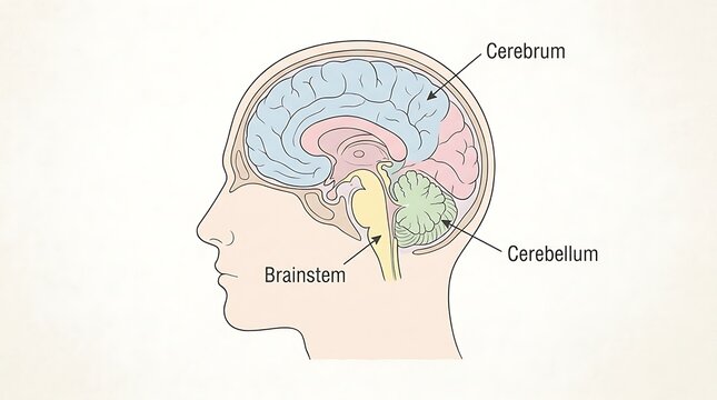 Detailed brain anatomy diagram showing labeled regions and neural pathways