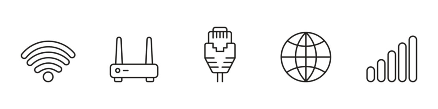Set of network and internet connection icons, including wifi, router, ethernet cable, and signal strength