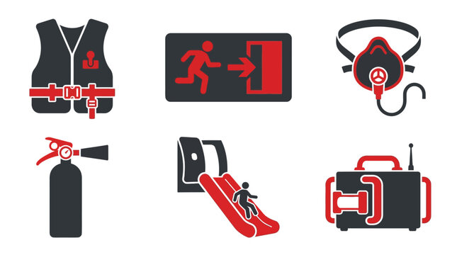 Aviation Safety Icon Set Featuring Emergency Equipment and Survival Gear