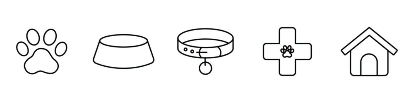 Set of pet care icons including paw print, food bowl, collar, veterinary cross and dog house