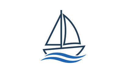 Fototapeta premium Minimalist sailboat emblem sailing on blue waves, isolated on white background for travel and maritime concepts.