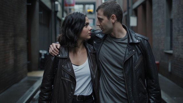 Romantic Couple Embracing in Urban Alleyway at Twilight
