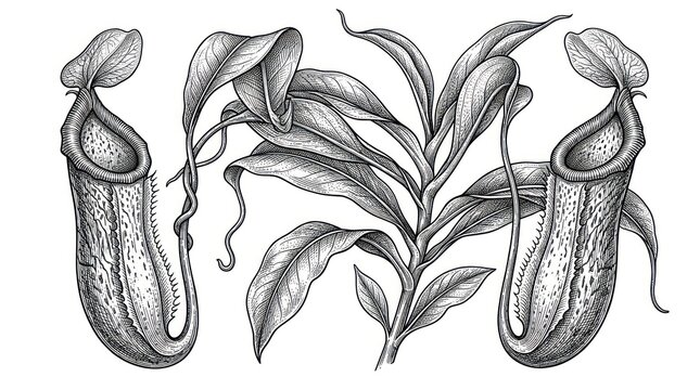 Detailed botanical illustration of carnivorous pitcher plants and foliage in black and white line art
