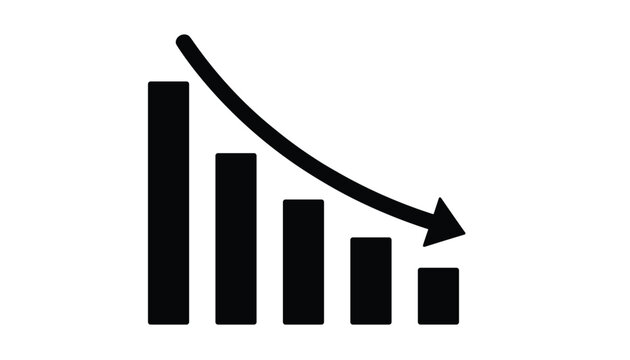 Black bar chart showing a downward trend with a curved arrow pointing down indicating financial loss or decline.