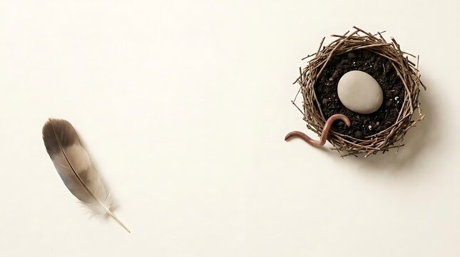 Early bird gets the worm concept featuring a minimalist bird nest with an egg and a worm beside a feather on a clean background for commercial stock photography use.