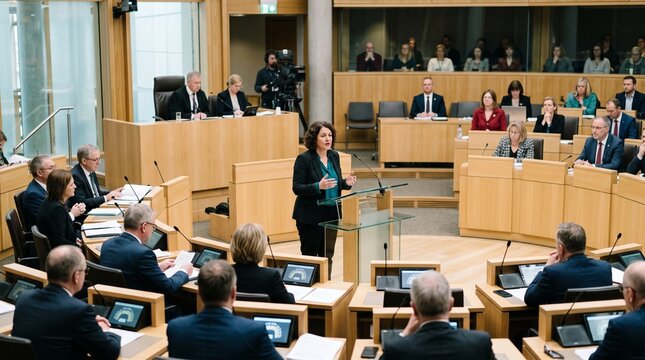 Woman speaking at podium in parliamentary assembly with audience seated at desks