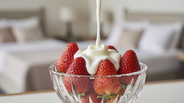 Fresh Strawberries with Cream Drizzling in Modern Hotel Room Setting
