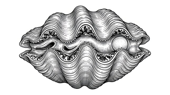 Detailed black and white engraving of a decorative scallop shell with intricate wavy lines and textures