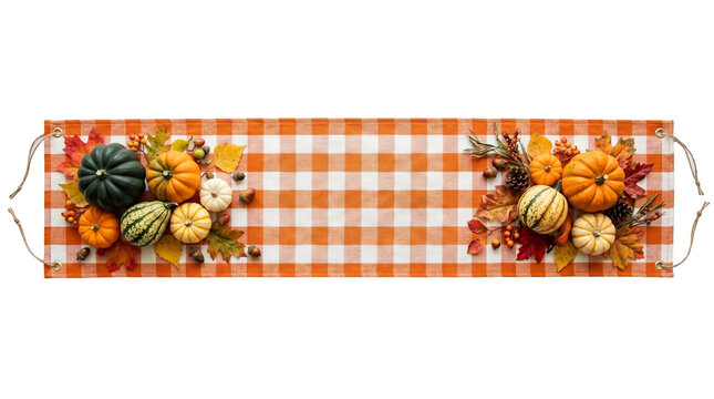 Autumn Plaid Table Runner with Pumpkins Arrangement Isolated on Transparent Background

