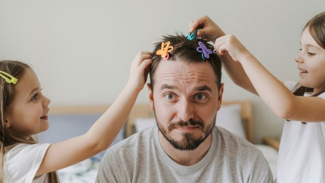 Father Having Fun with Daughters While Styling Hair at Home