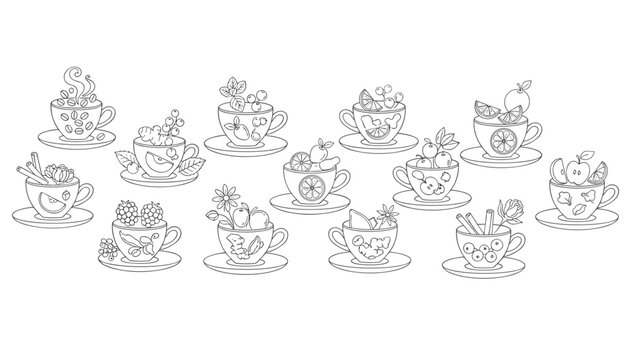Exquisite black and white line art collection of tea and coffee cups overflowing with assorted fresh fruits, herbs, and berries.