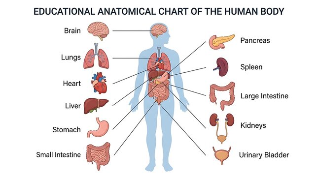 Educational anatomical chart of the human body with labeled organs and systems