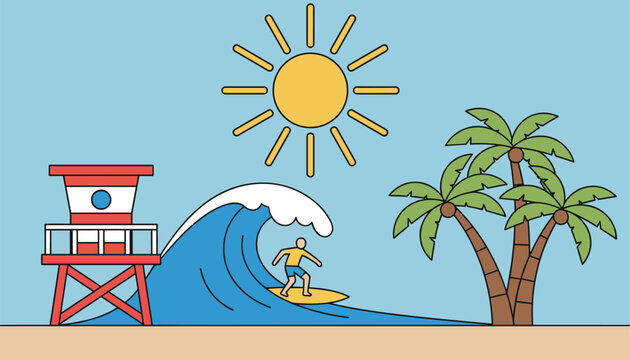 Vibrant summer beach illustration featuring a surfer riding a big wave, a lifeguard tower, palm trees, and a bright yellow sun.