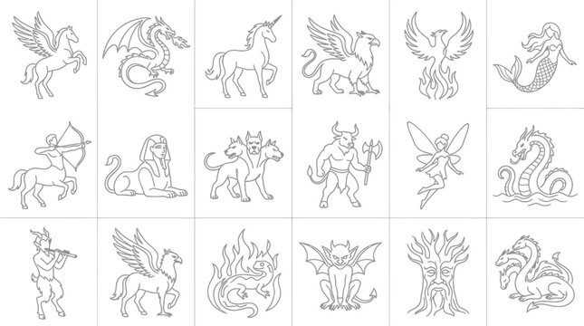 Mythical Fantasy Creatures Black and White Line Art Vector Icon Set - Legendary Beasts and Monsters Collection