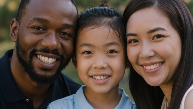 Happy Family Portrait with Smiling Parents and Child Outdoors