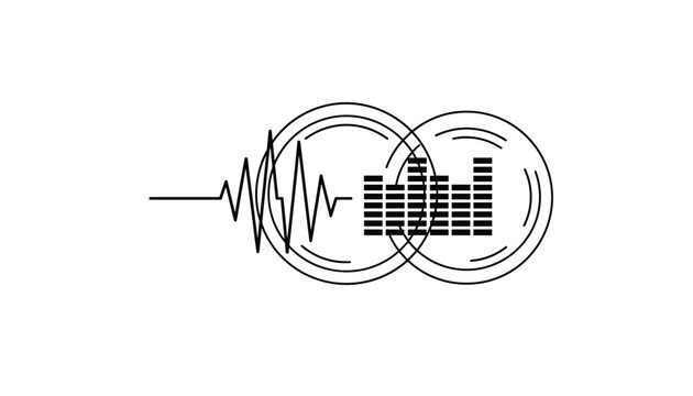 Graphic design element showing a heartbeat line soundwave combined with circular loops and a digital equalizer bar pattern.