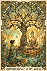 Obraz premium Vintage illustration of two children sitting under a large ornate tree by a riverbank at dusk