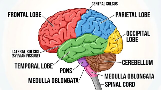 Color-coded 3D illustration of human brain lobes and brainstem with labeled
