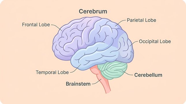 Colorful labeled diagram of the human brain highlighting major regions including