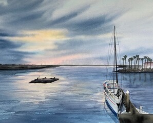 Watercolor illustration of a harbor scene at sunset with vibrant sky reflected in the water, moored yachts, and sea lions resting on a floating pontoon © Anna Miroshnykova