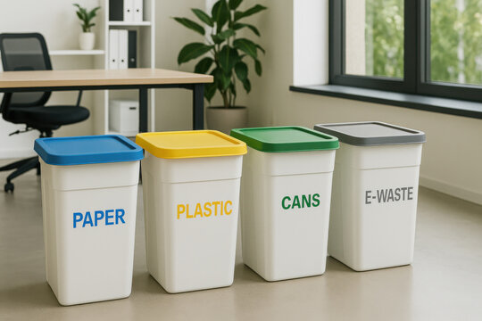 Recycling bins for paper, plastic, cans, and e waste with colorful lids in modern office space promoting sustainability and organized waste management for environmental care