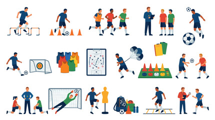 Fototapeta premium Soccer Football Training Elements Flat Vector Illustration Set with Players, Coach, Ball, Goal, Drills
