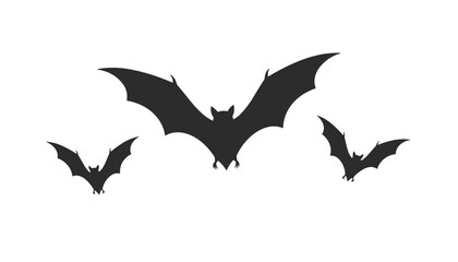 Fototapeta premium Black silhouettes of three flying bats of varying sizes, presented in flight against a clean white background.