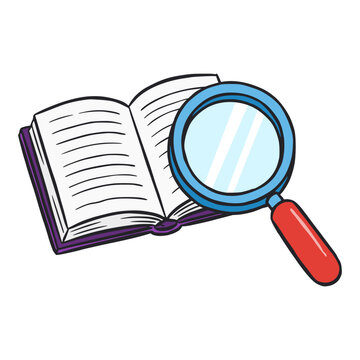 open book and magnifying glass research study scientist analysis examine education flat color vector illustration template design