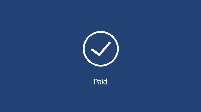 Minimalist animated paid status featuring a clean white checkmark inside a circular border with a rotating sunburst effect on a deep navy blue background, for corporate financial interfaces