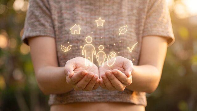 Family planning protection concept, hands holding digital family icons with home, leaf, star and checkmark symbols, life insurance, parental care, sustainable living and household wellbeing