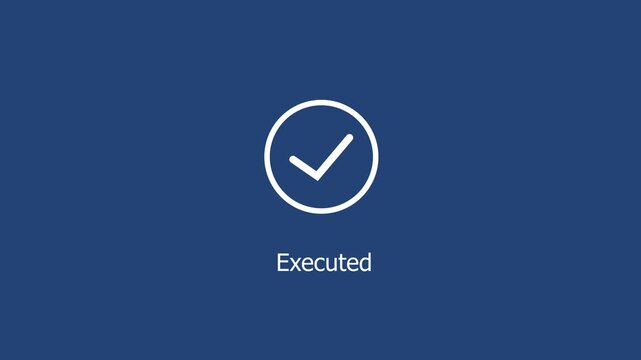 Minimalist animated checkmark representing successful task execution and completion on a deep blue background, for corporate software, interfaces, digital workflow, management, and ui