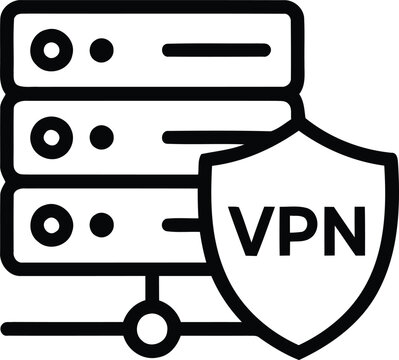 VPN network server icon, secure data storage with shield protection, black line vector for cybersecurity and hosting