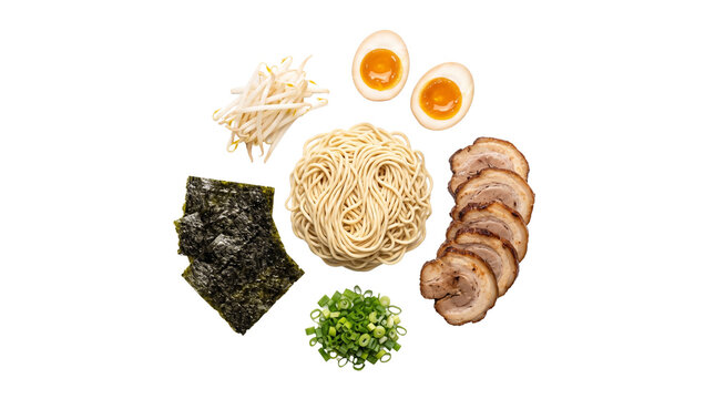 Japanese ramen ingredients set, fresh noodles with chashu pork and soft boiled egg, traditional asian soup components isolated PNG with Transparent Background